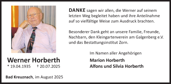 Traueranzeige von Werner Horberth von WochenSpiegel