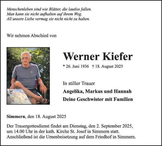 Traueranzeige von Werner Kiefer von WochenSpiegel