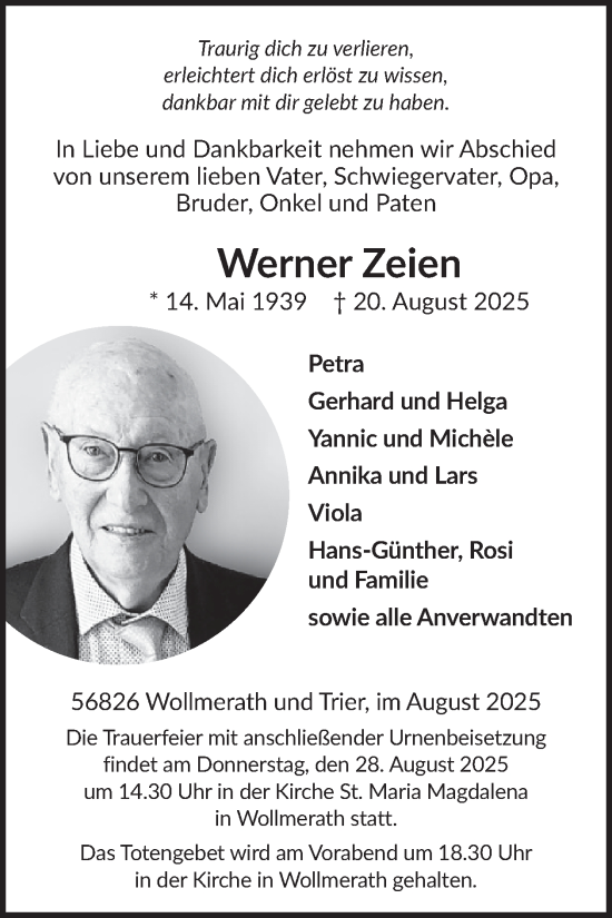 Traueranzeige von Werner Zeien von WochenSpiegel