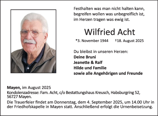 Traueranzeige von Wilfried Acht von WochenSpiegel