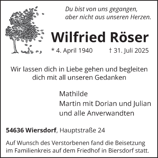 Traueranzeige von Wilfried Röser von WochenSpiegel