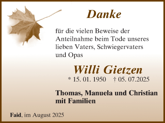 Traueranzeige von Willi Gietzen von WochenSpiegel