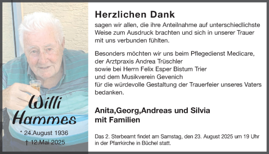 Traueranzeige von Willi Hammes von WochenSpiegel