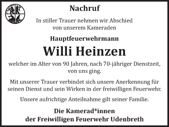 Traueranzeige von Willi Heinzen von WochenSpiegel