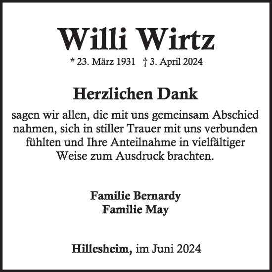 Traueranzeige von Willi Wirtz von WochenSpiegel