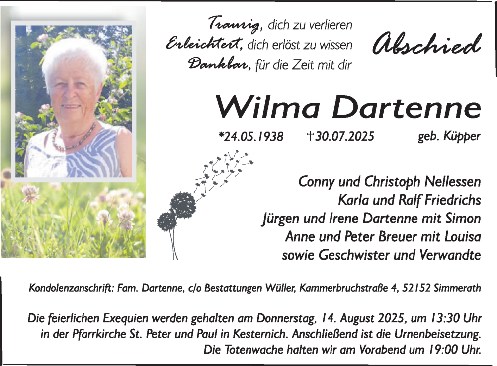 Traueranzeige für Wilma Datenne  vom 06.08.2025 aus WochenSpiegel