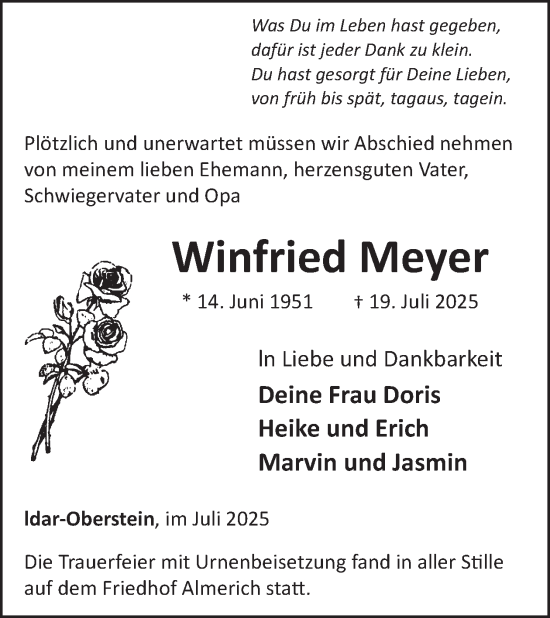 Traueranzeige von Winfried Meyer von WochenSpiegel