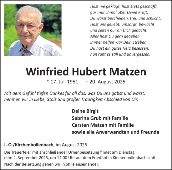Traueranzeige von Winfried Hubert Matzen von WochenSpiegel