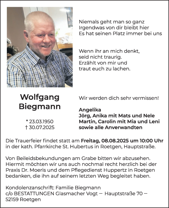 Traueranzeige von Wolfgang Biegmann von WochenSpiegel