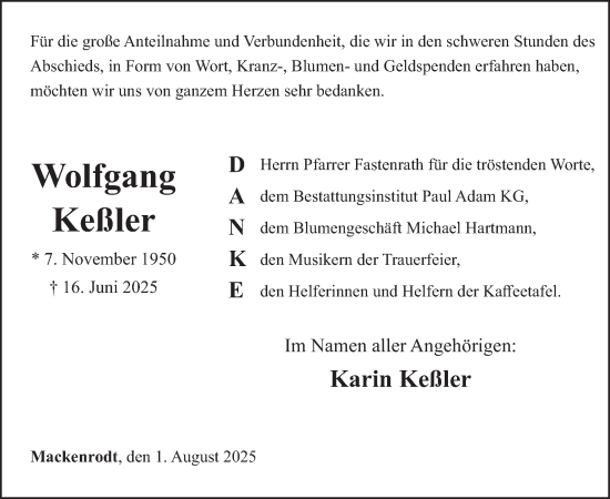 Traueranzeige von Wolfgang Keßler von WochenSpiegel