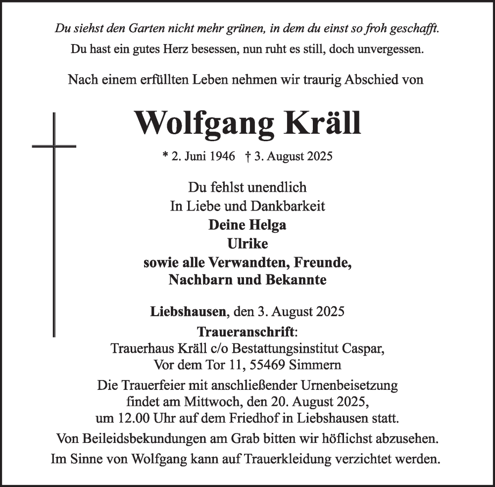  Traueranzeige für Wolfgang Kräll vom 16.08.2025 aus WochenSpiegel