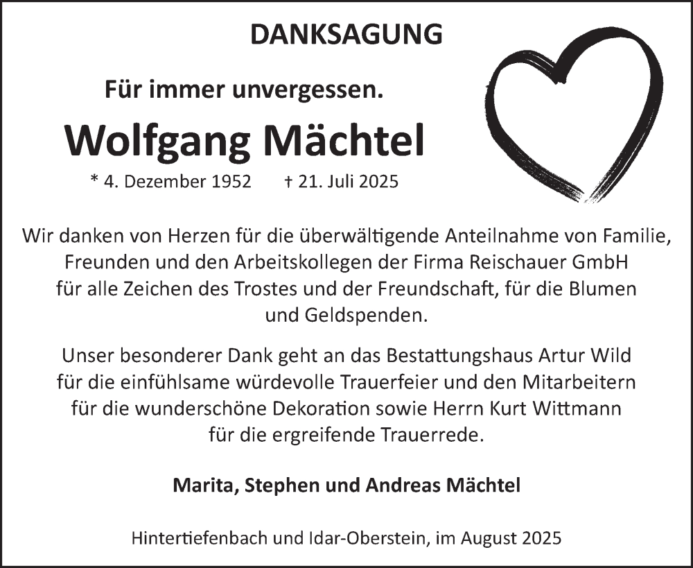  Traueranzeige für Wolfgang Mächtel vom 23.08.2025 aus WochenSpiegel