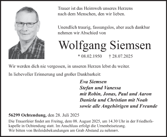 Traueranzeige von Wolfgang Siemsen von WochenSpiegel