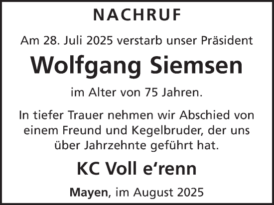 Traueranzeige von Wolfgang Siemsen von WochenSpiegel