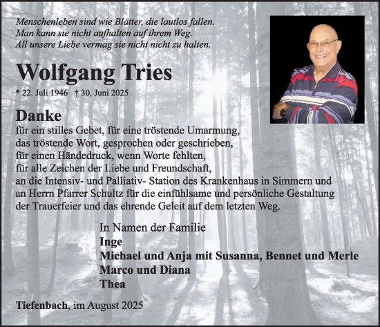 Traueranzeige von Wolfgang Tries von WochenSpiegel