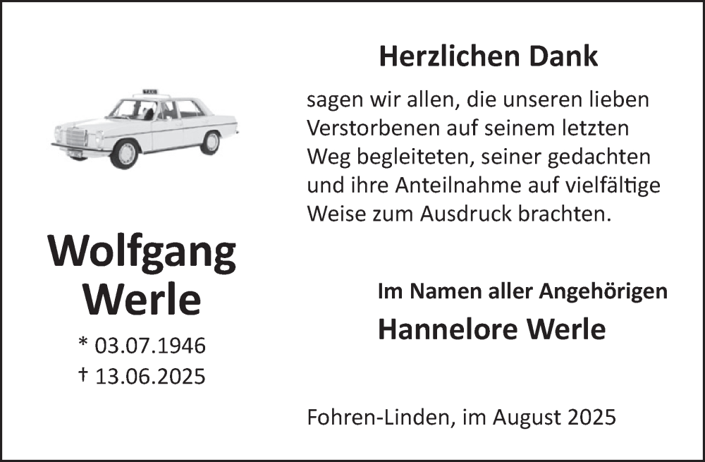  Traueranzeige für Wolfgang Werle vom 02.08.2025 aus WochenSpiegel