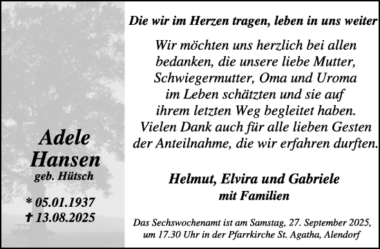 Traueranzeige von Adele Hansen von WochenSpiegel