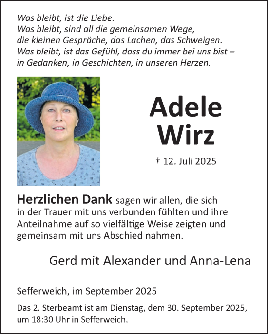 Traueranzeige von Adele Wirz von WochenSpiegel