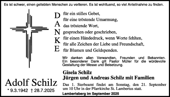 Traueranzeige von Adolf Schilz von WochenSpiegel