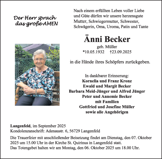 Traueranzeige von Änni Becker von WochenSpiegel