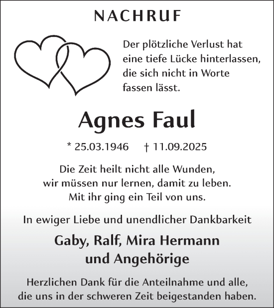 Traueranzeige von Agnes Faul von WochenSpiegel