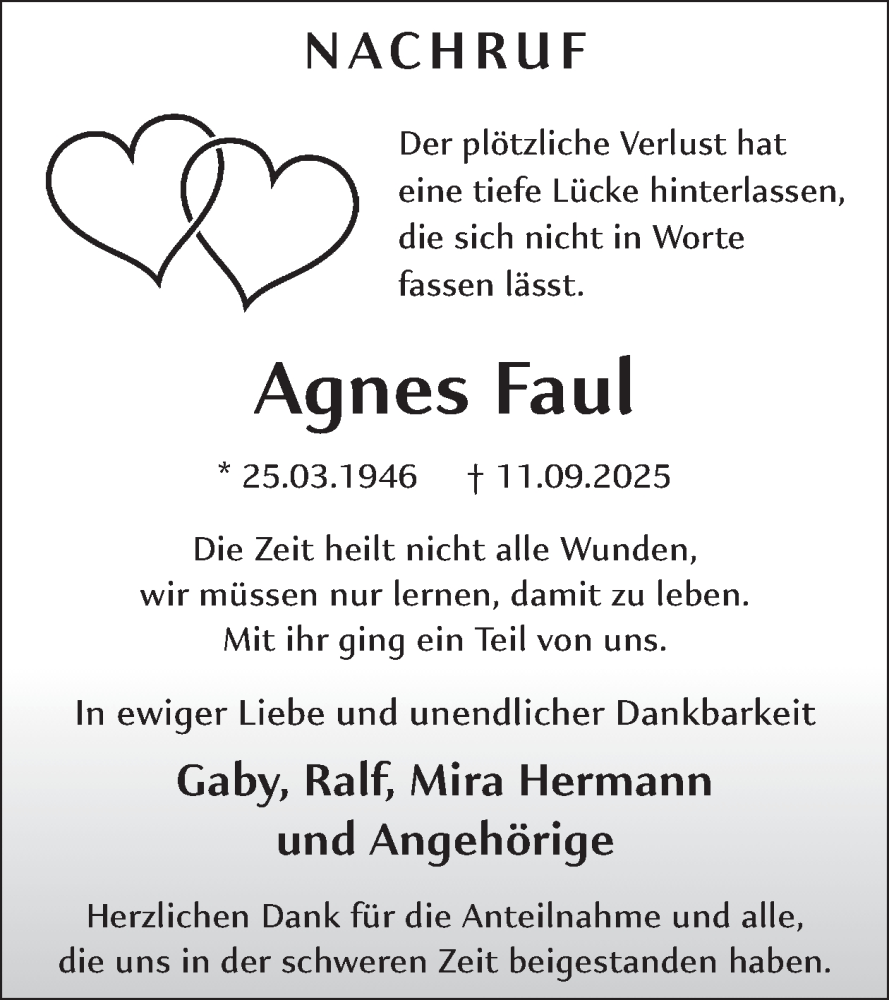  Traueranzeige für Agnes Faul vom 24.09.2025 aus WochenSpiegel