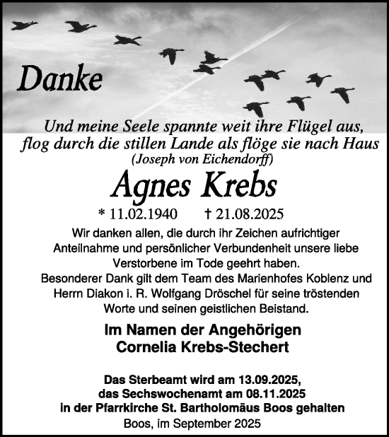 Traueranzeige von Agnes Krebs von WochenSpiegel