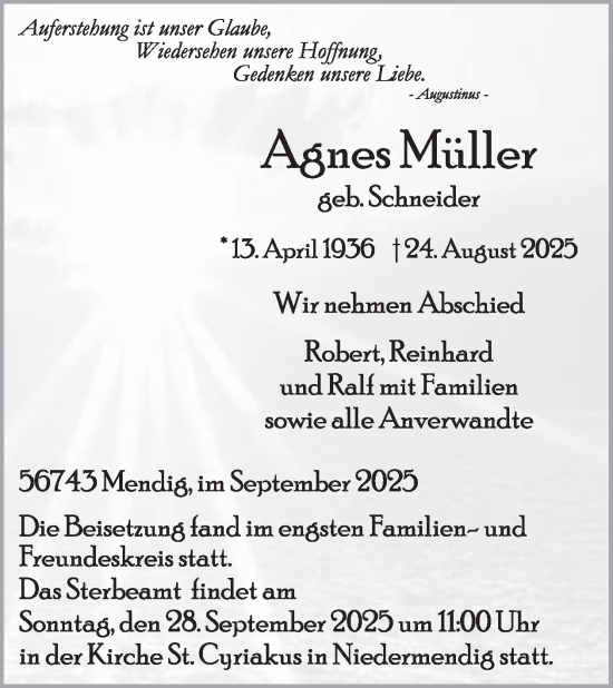 Traueranzeige von Agnes Müller von WochenSpiegel
