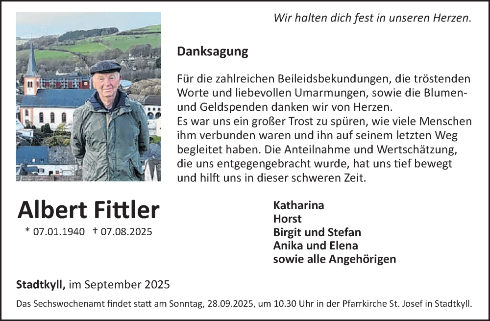  Traueranzeige für Albert Fittler vom 20.09.2025 aus WochenSpiegel