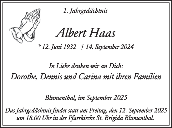 Traueranzeige von Albert Haas von WochenSpiegel