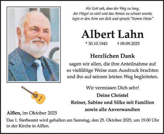Traueranzeige von Albert Lahn von WochenSpiegel