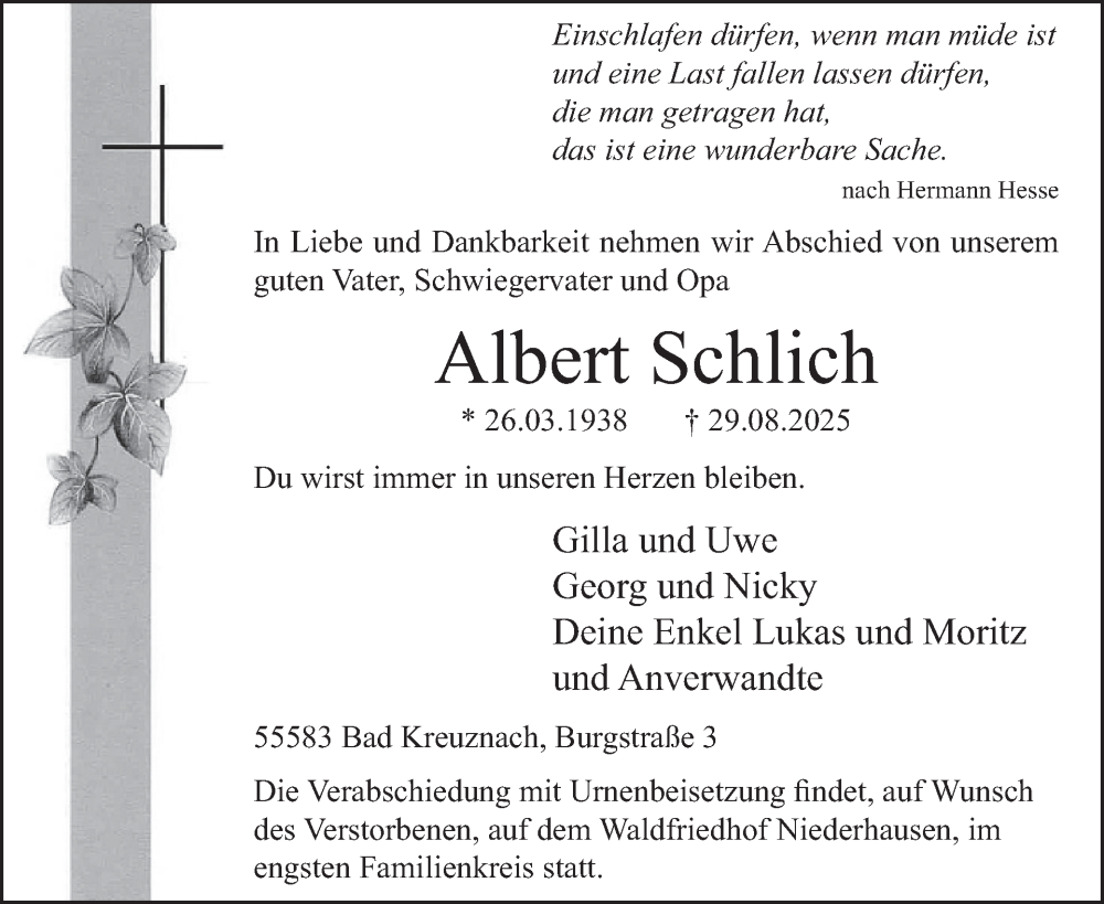  Traueranzeige für Albert Schlich vom 06.09.2025 aus WochenSpiegel