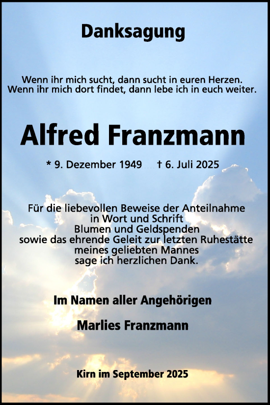 Traueranzeige von Alfred Franzmann von WochenSpiegel