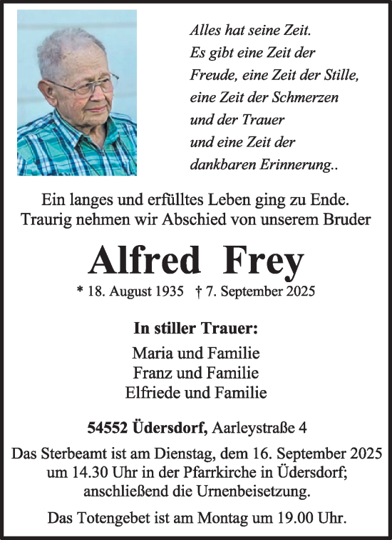Traueranzeige von Alfred Frey von WochenSpiegel