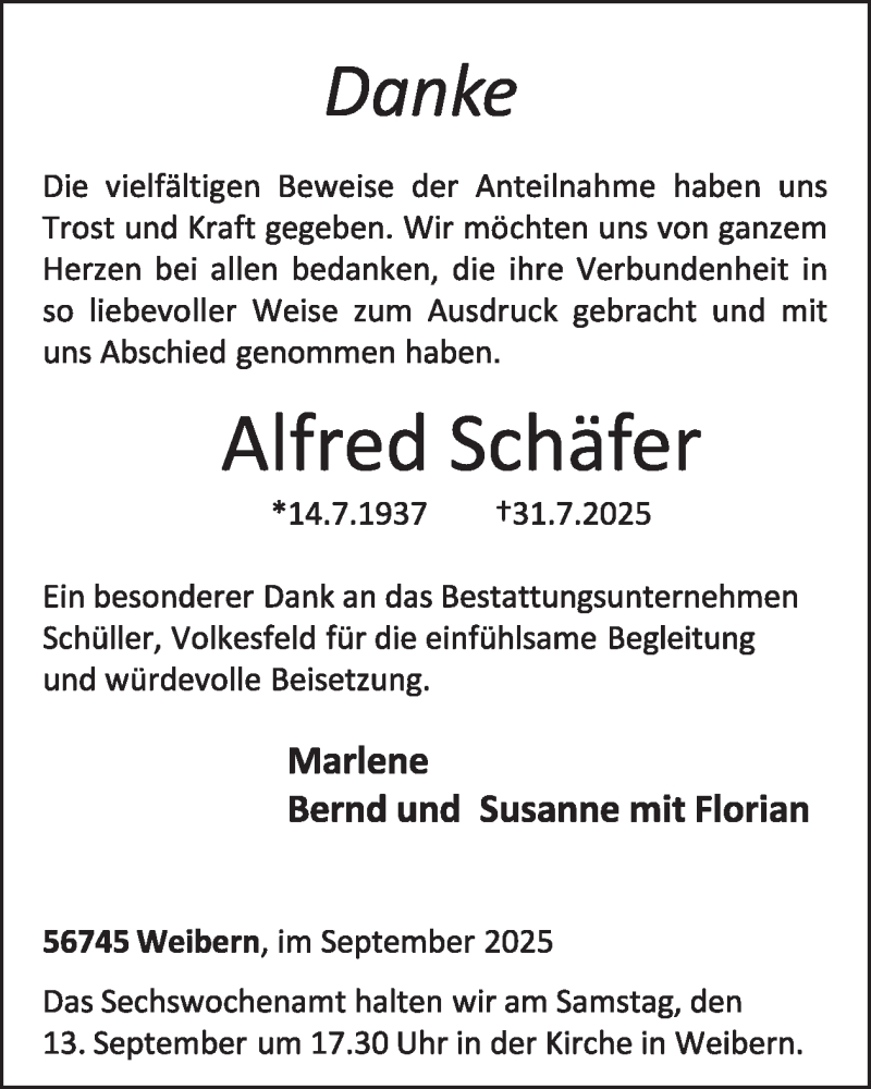  Traueranzeige für Alfred Schäfer vom 03.09.2025 aus WochenSpiegel