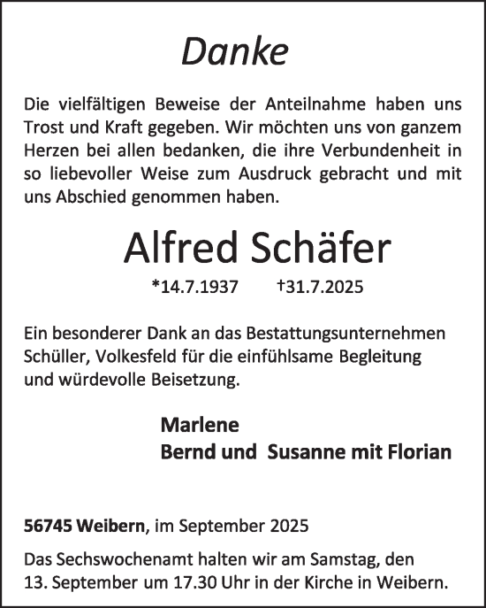 Traueranzeige von Alfred Schäfer von WochenSpiegel