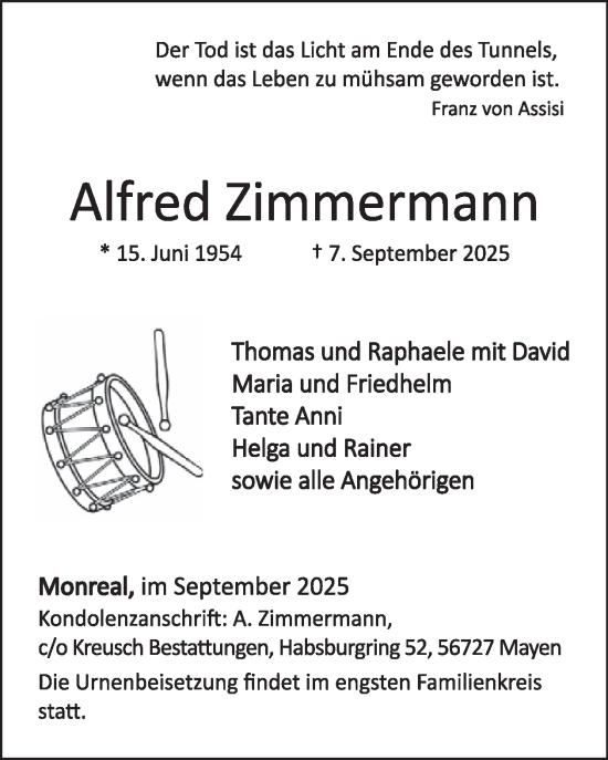 Traueranzeige von Alfred Zimmermann von WochenSpiegel