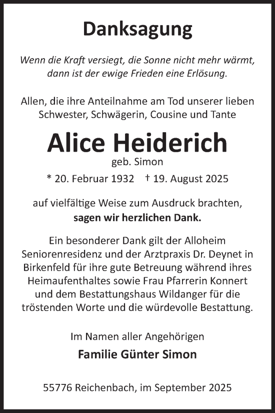 Traueranzeige von Alice Heiderich von WochenSpiegel