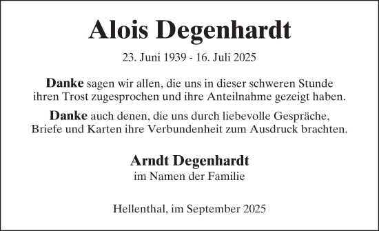 Traueranzeige von Alois Degenhardt von WochenSpiegel