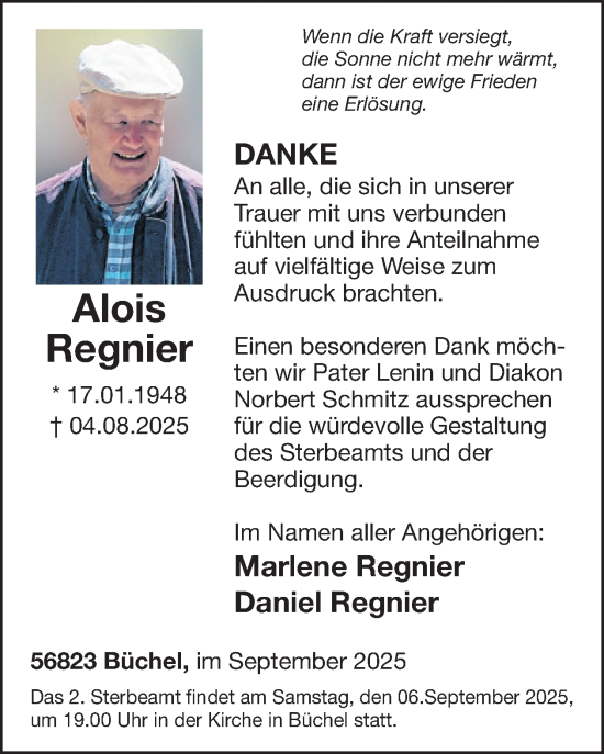 Traueranzeige von Alois Regnier von WochenSpiegel