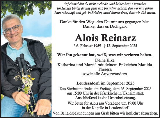 Traueranzeige von Alois Reinarz von WochenSpiegel