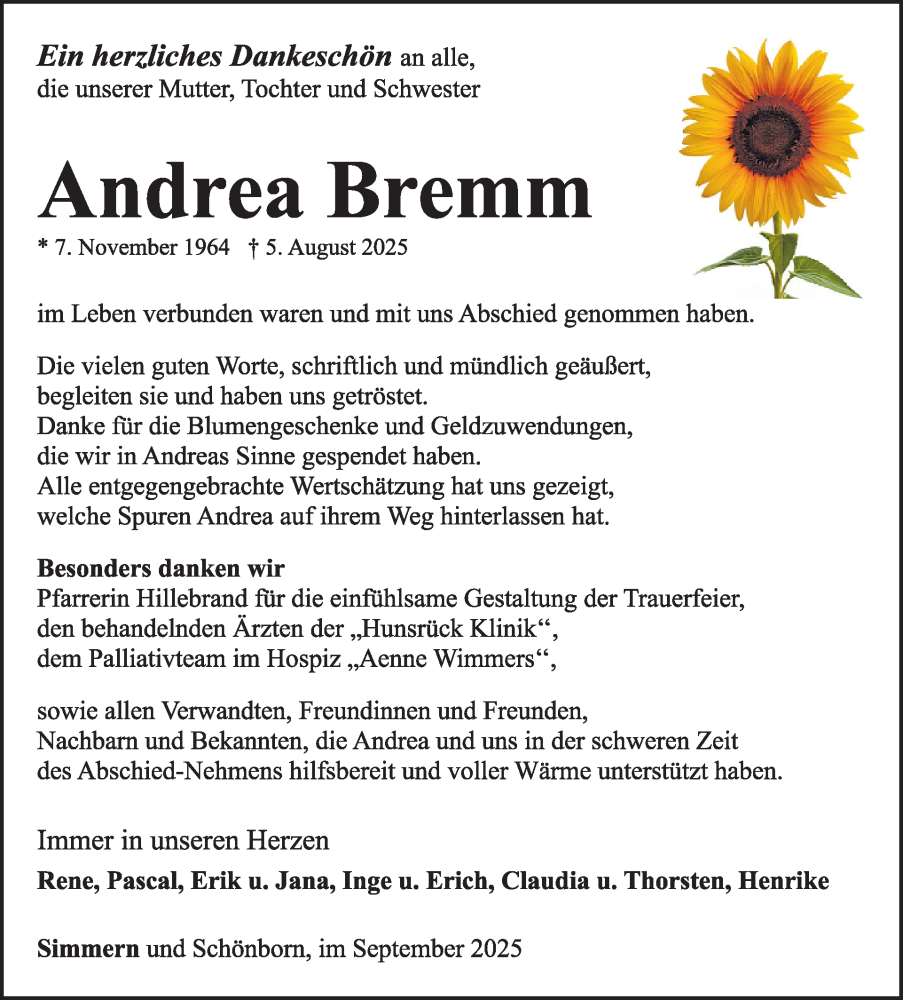  Traueranzeige für Andrea Bremm vom 13.09.2025 aus WochenSpiegel