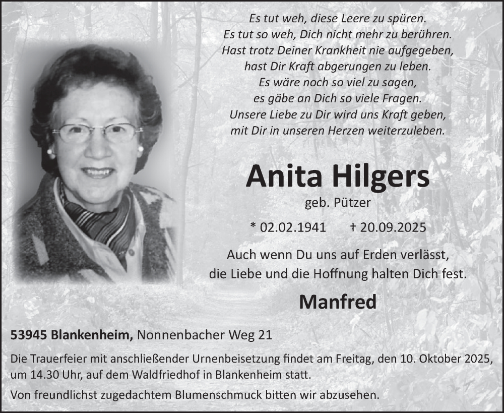  Traueranzeige für Anita Hilgers vom 01.10.2025 aus WochenSpiegel