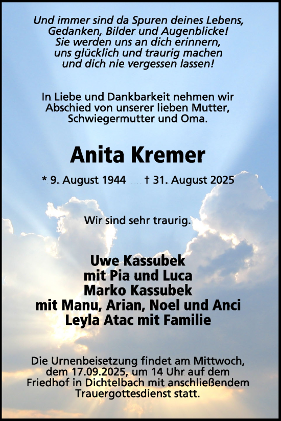 Traueranzeige von Anita Kremer von WochenSpiegel