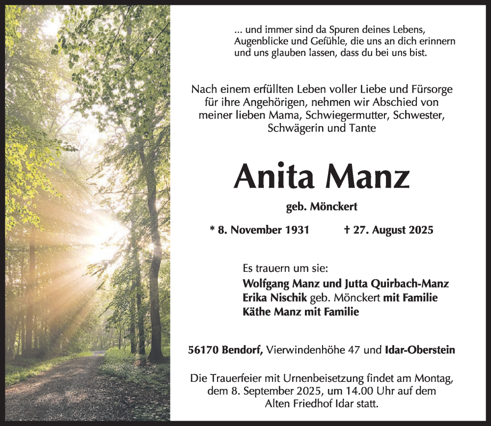  Traueranzeige für Anita Manz vom 06.09.2025 aus WochenSpiegel