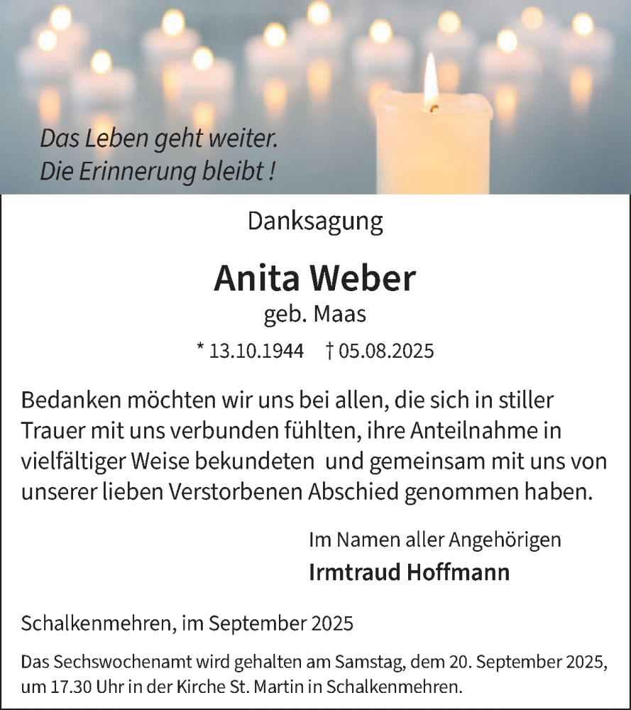  Traueranzeige für Anita Weber vom 13.09.2025 aus WochenSpiegel