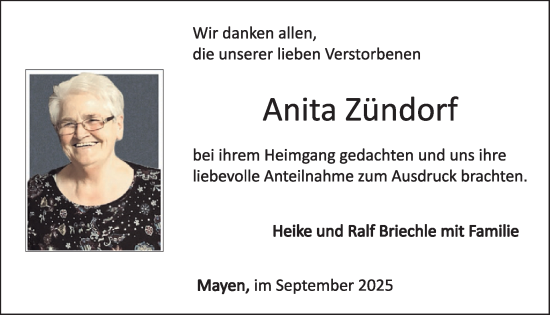 Traueranzeige von Anita Zündorf von WochenSpiegel