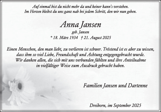 Traueranzeige von Anna Jansen von WochenSpiegel