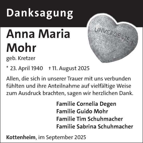 Traueranzeige von Anna Maria Mohr von WochenSpiegel