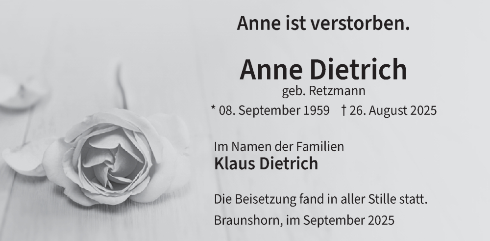  Traueranzeige für Anne Dietrich vom 13.09.2025 aus WochenSpiegel